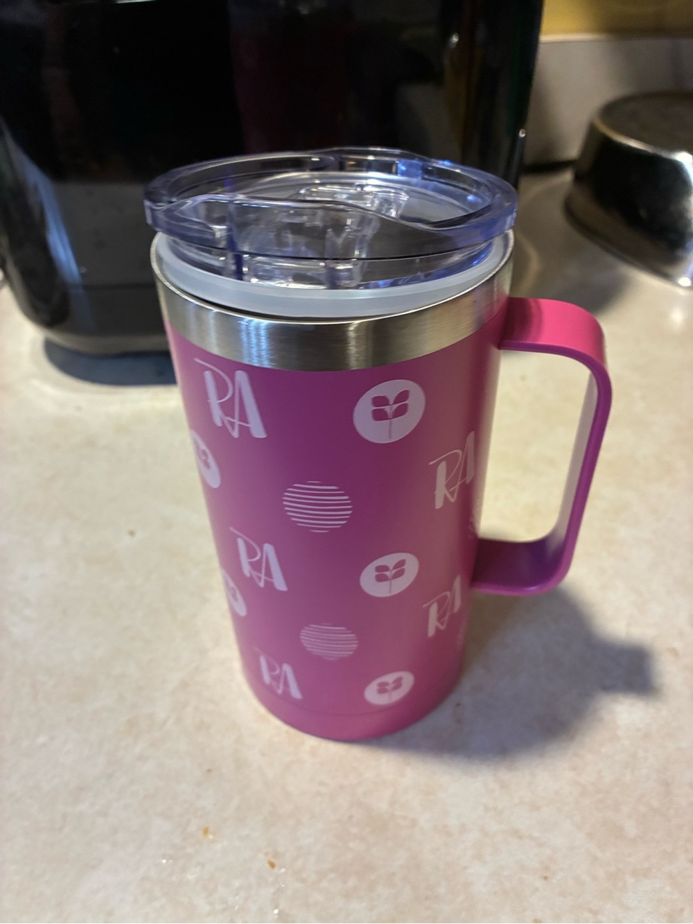 Pink Insulated Travel Mug with Handle - RA Pattern